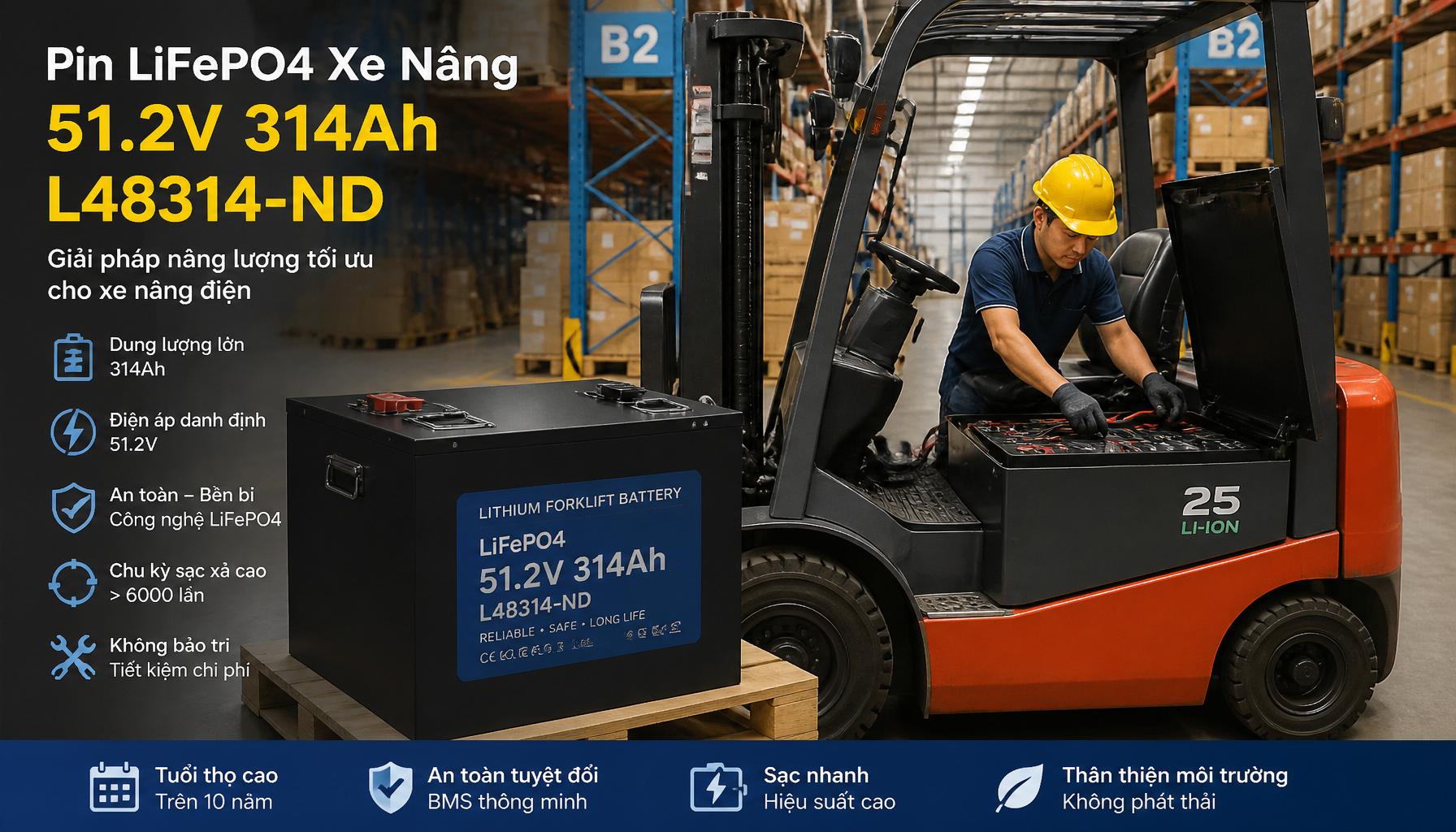 Pin LiFePO4 Xe Nâng 51.2V 314Ah L48314-ND