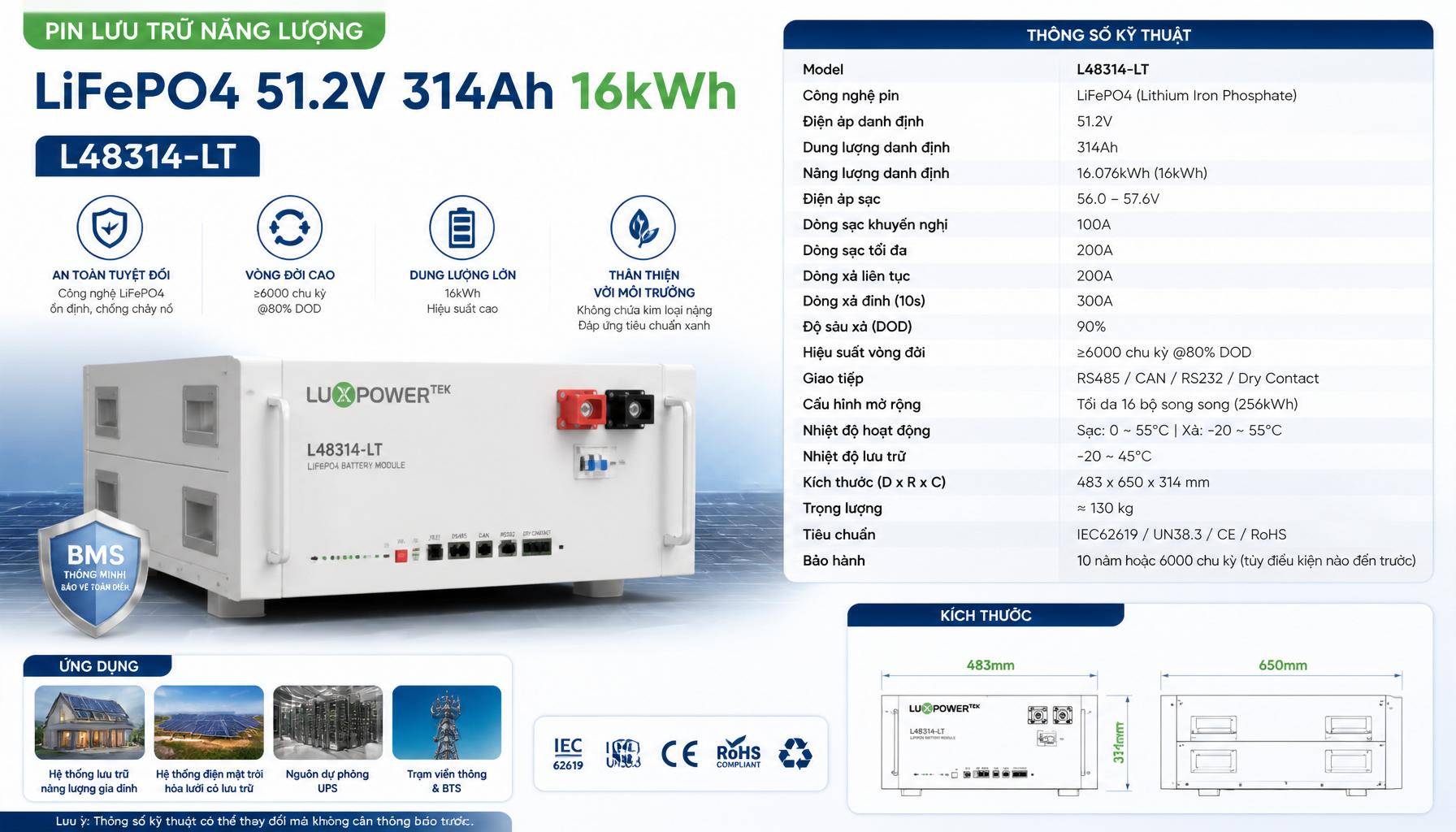 Pin Lưu Trữ Năng Lượng LiFePO4 51.2V 314Ah 16kWh L48314-LT