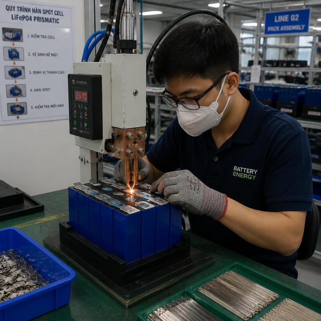 Kỹ thuật viên đang hàn spot cell pin lithium LiFePO4 prismatic trong xưởng đóng pack