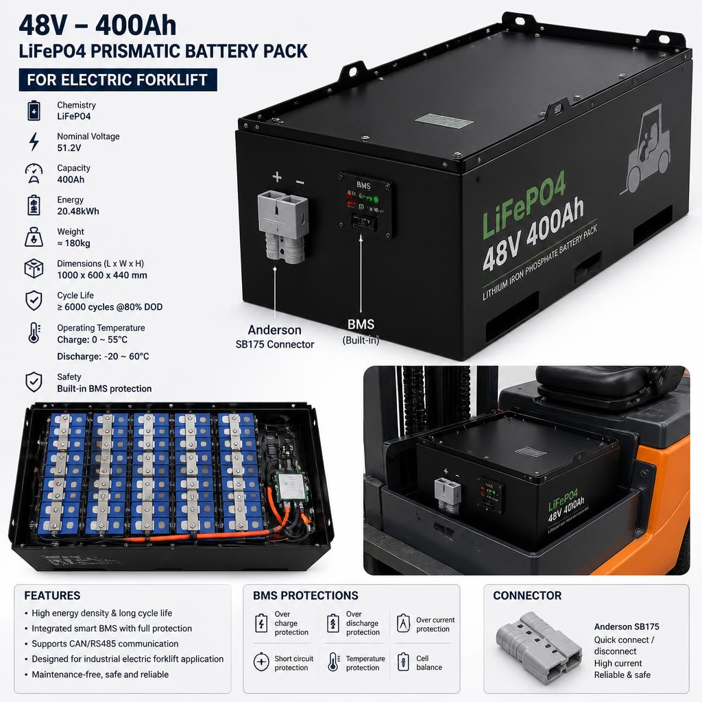Pack pin LiFePO4 prismatic 48V–400Ah lắp trong khay xe nâng điện, có BMS và connector Anderson