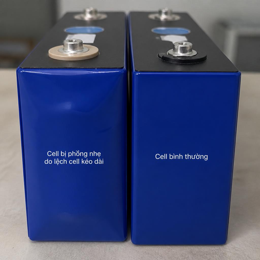 Ảnh cận cảnh cell LiFePO4 bị phồng nhẹ do lệch cell kéo dài không xử lý, đặt cạnh cell bình thường để so sánh hình dạng vỏ