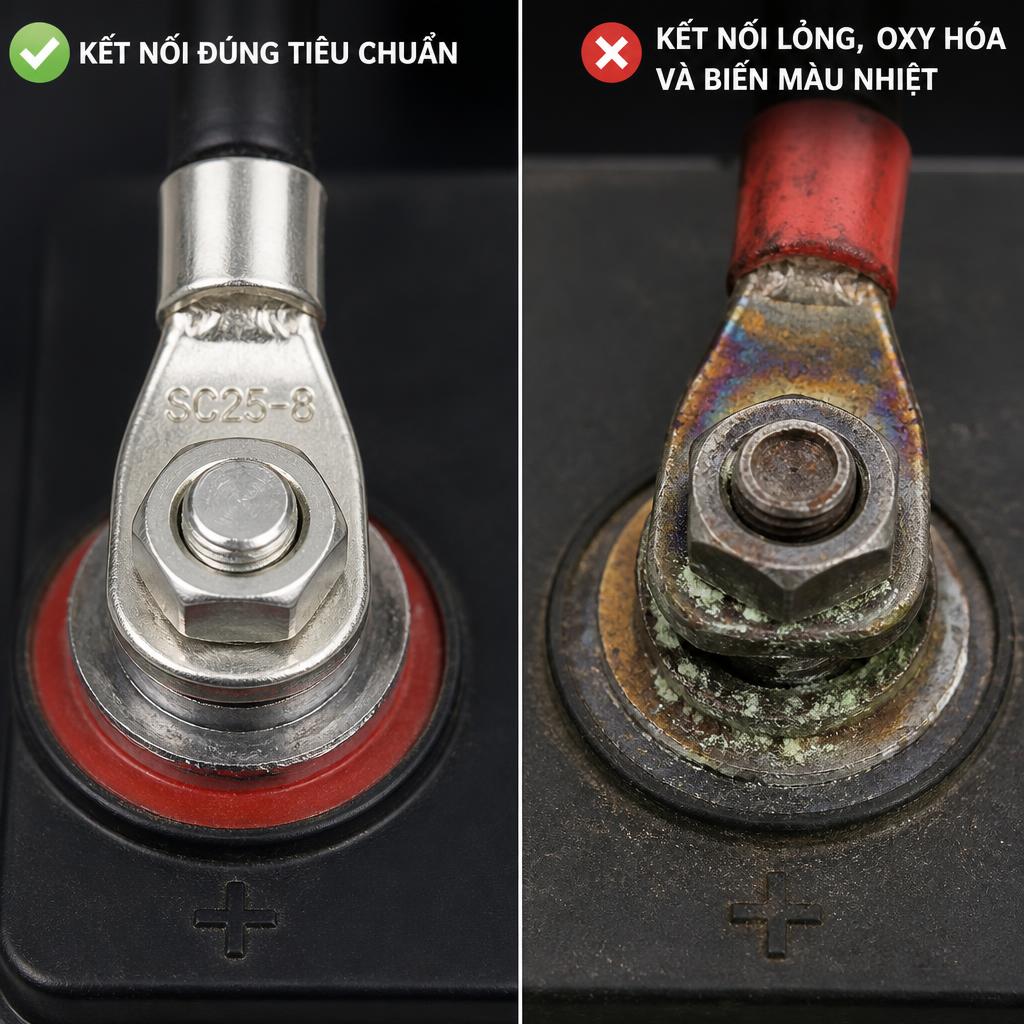 Ảnh cận cảnh đầu cực pin lưu trữ: bên trái là kết nối đúng tiêu chuẩn với đầu cốt ép chắc chắn, bên phải là kết nối lỏng có dấu hiệu oxy hóa và biến màu nhiệt
