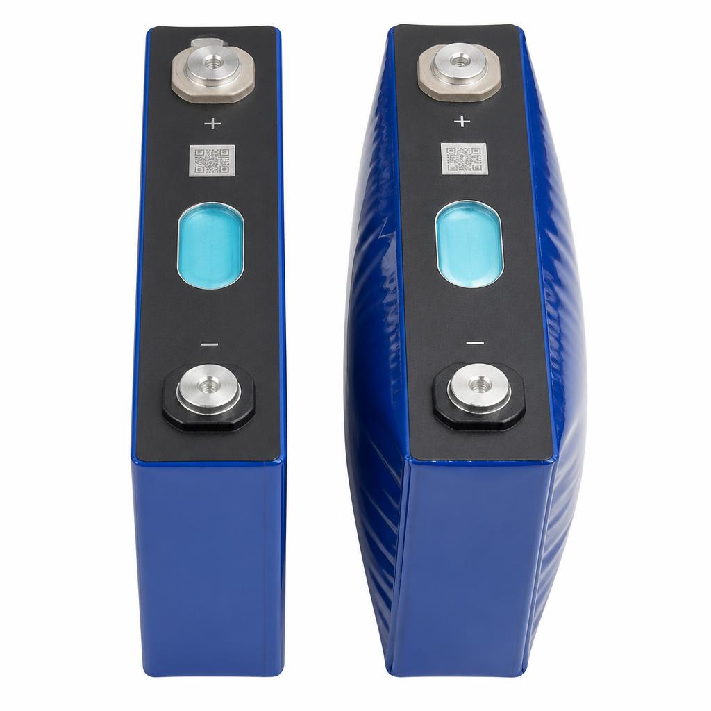 Ảnh cận cảnh so sánh hai cell LiFePO4 đặt cạnh nhau: cell bên trái phẳng bình thường, cell bên phải phồng rõ rệt ở mặt bên, nền trắng để rõ chi tiết