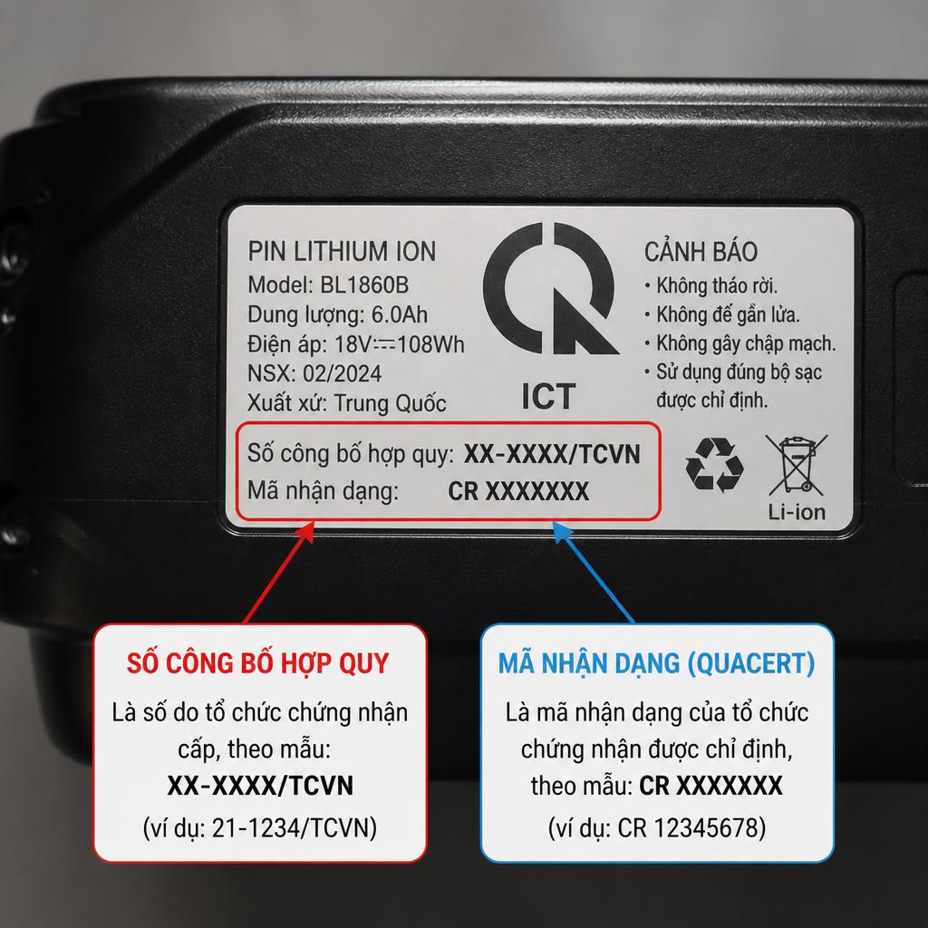 Ảnh chụp cận cảnh tem hợp quy CR trên vỏ pin lithium tiêu dùng, kèm chú thích chỉ rõ vị trí số công bố hợp quy và mã nhận dạng