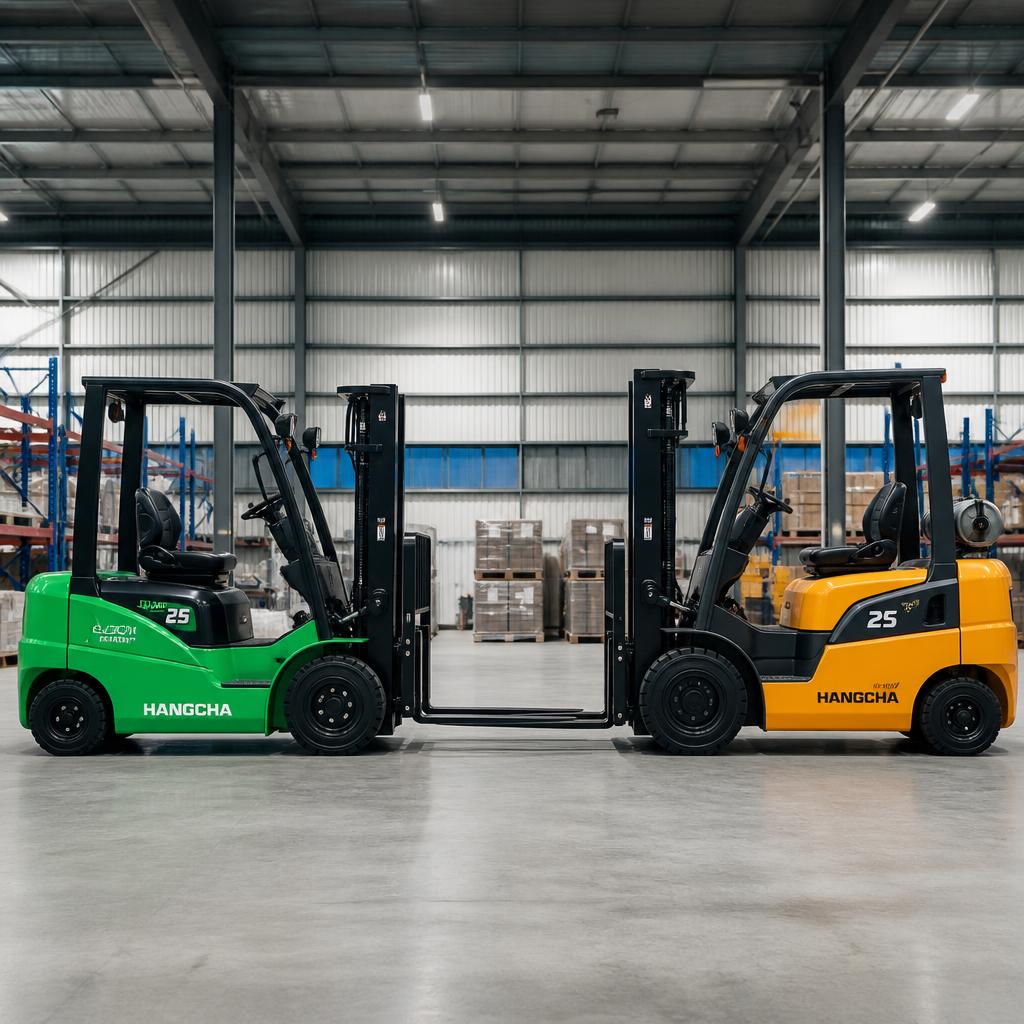 Ảnh chụp song song xe nâng điện lithium và xe nâng diesel trong môi trường kho hàng, góc chụp ngang, ánh sáng công nghiệp