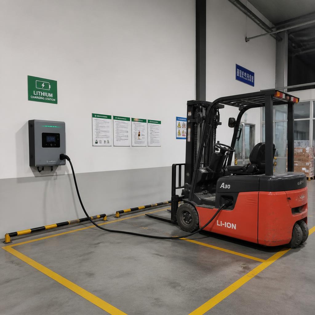 Ảnh chụp trạm sạc xe nâng lithium gắn tường trong kho, dây sạc kết nối với xe nâng, góc chụp rộng thấy cả khu vực sạc