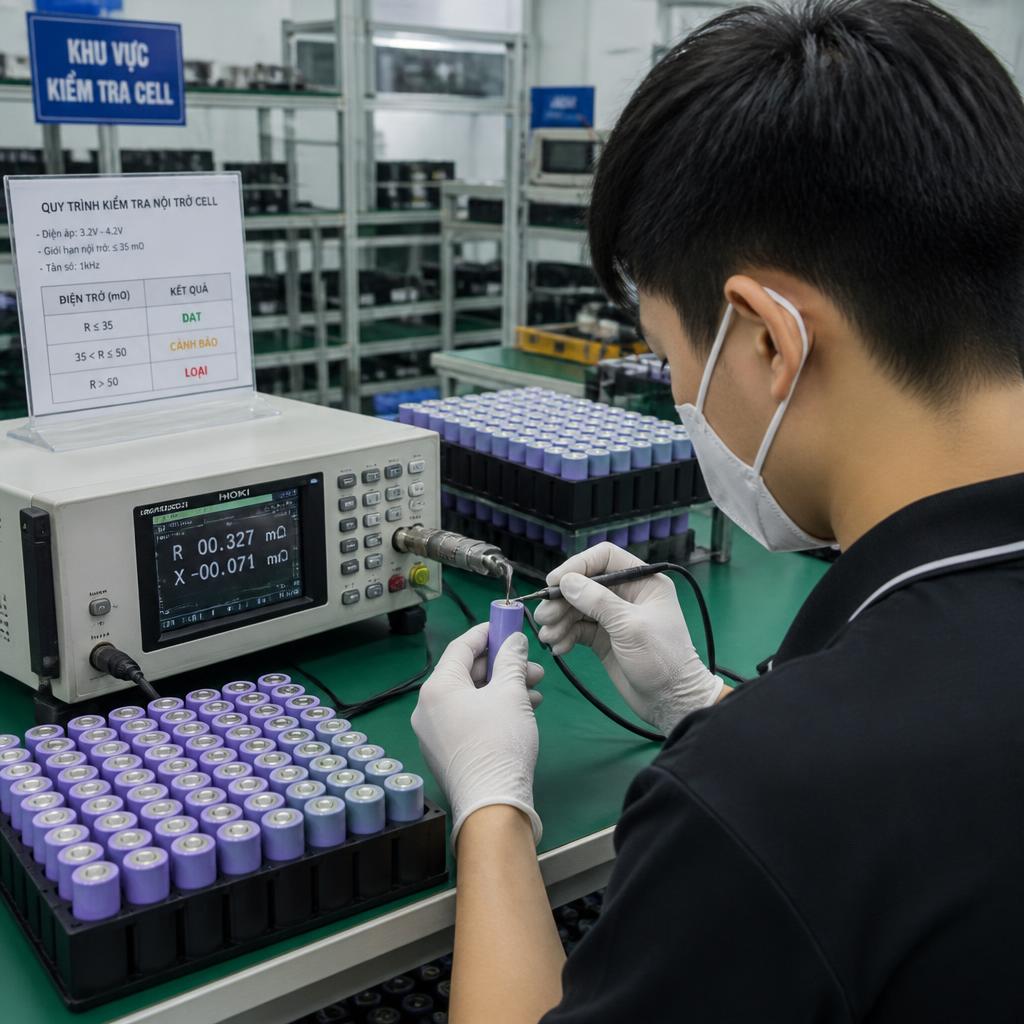 Ảnh kỹ thuật viên đang kiểm tra nội trở từng cell bằng máy đo chuyên dụng trước khi đóng pack, bối cảnh xưởng sản xuất