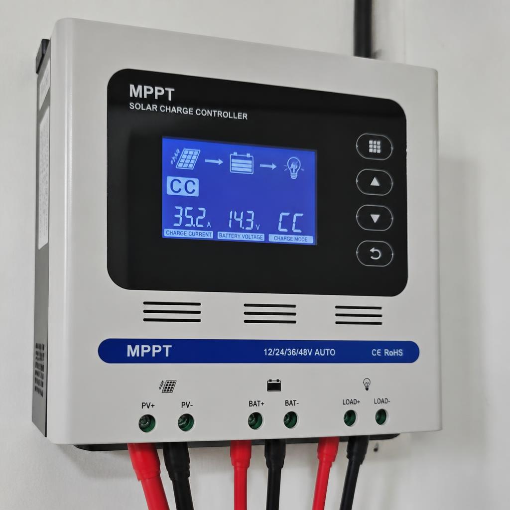 Ảnh thực tế bộ điều khiển MPPT gắn tường với màn hình hiển thị dòng sạc, điện áp pin và trạng thái CC/CV, góc chụp gần, rõ màn hình LCD