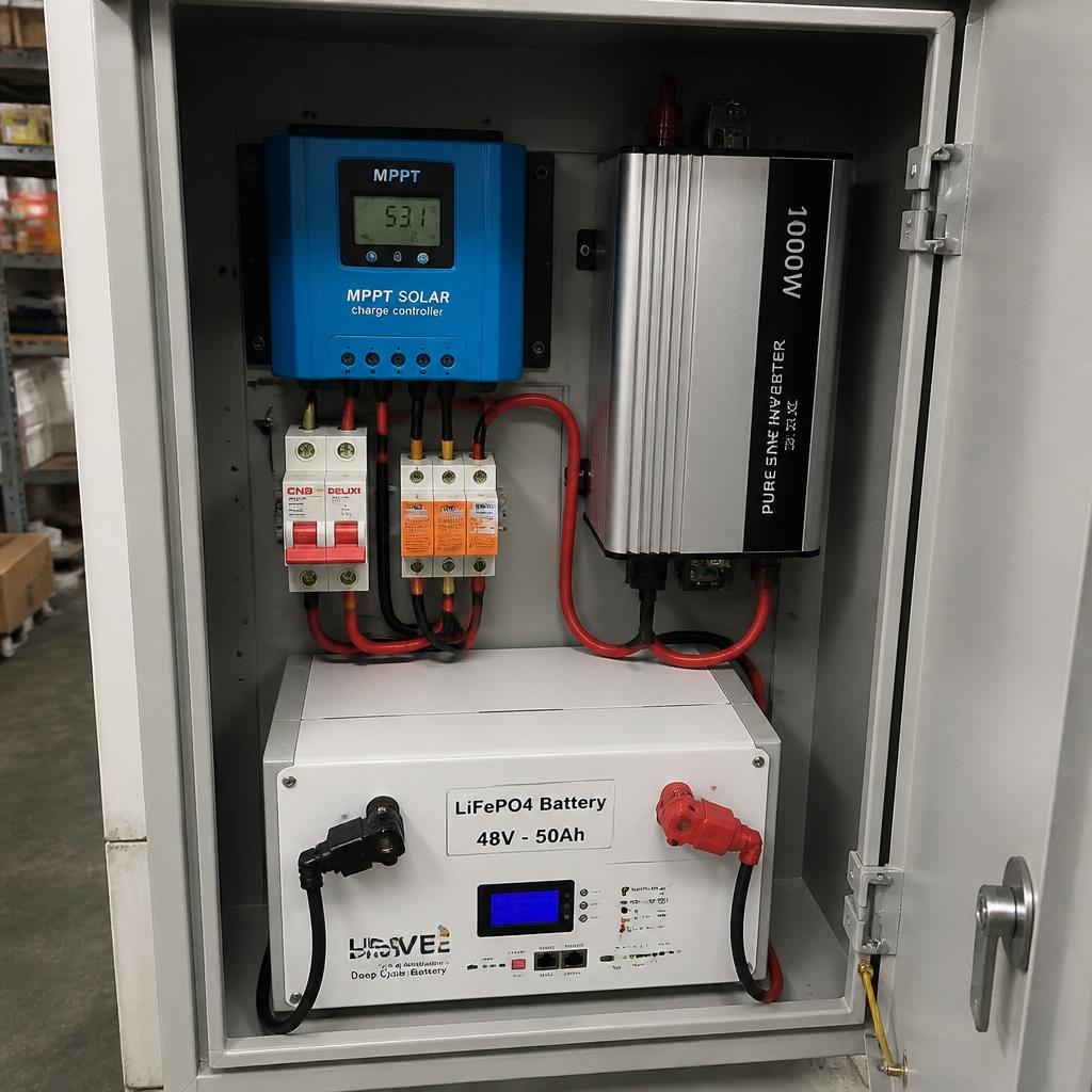 Ảnh thực tế bộ lưu trữ mini 48V-50Ah LiFePO4 lắp trong tủ điện nhỏ tại kho xưởng, kết nối inverter 1.000W và bộ điều khiển sạc MPPT