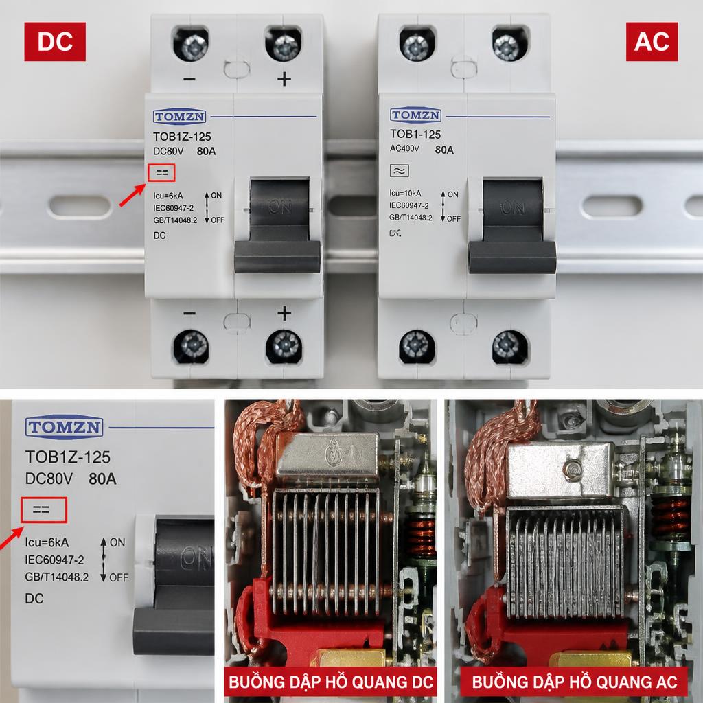 Ảnh thực tế CB DC 80A gắn trên thanh ray DIN, cận cảnh ký hiệu '=' trên vỏ CB và buồng dập hồ quang, đặt cạnh CB AC để so sánh trực quan