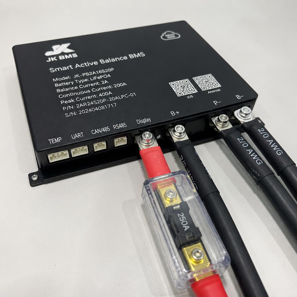 Ảnh thực tế cổng main BMS JK với dây AWG 2/0 đấu vào cổng B+/B- và P+/P-, fuse 250A trên dây B+, chụp góc nghiêng để thấy rõ kích thước dây so với terminal