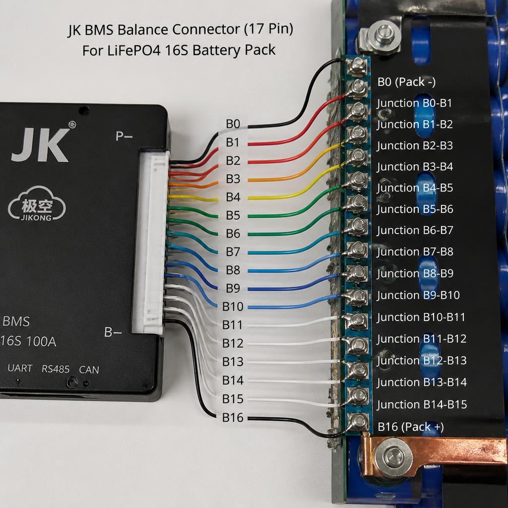 Ảnh thực tế connector balance BMS JK với 17 chân từ B0 đến B16, dây màu được đấu vào từng junction của pack pin LiFePO4 16S