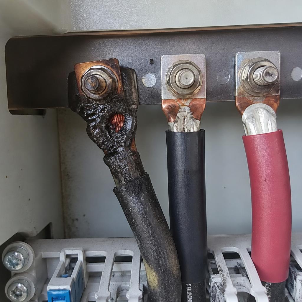 Ảnh thực tế dây dẫn bị cháy tại điểm kết nối busbar do tiết diện không đủ, góc chụp cận cảnh, bối cảnh tủ điện hệ thống điện mặt trời