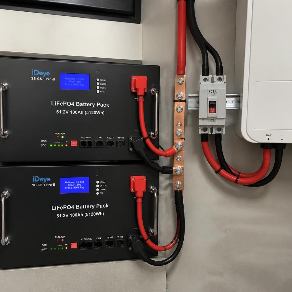 Ảnh thực tế hai pack pin LiFePO4 48V đấu song song vào busbar đồng, CB DC 125A gắn trên thanh ray, dây 25mm² màu đỏ/đen đi gọn vào cổng BAT biến tần hybrid