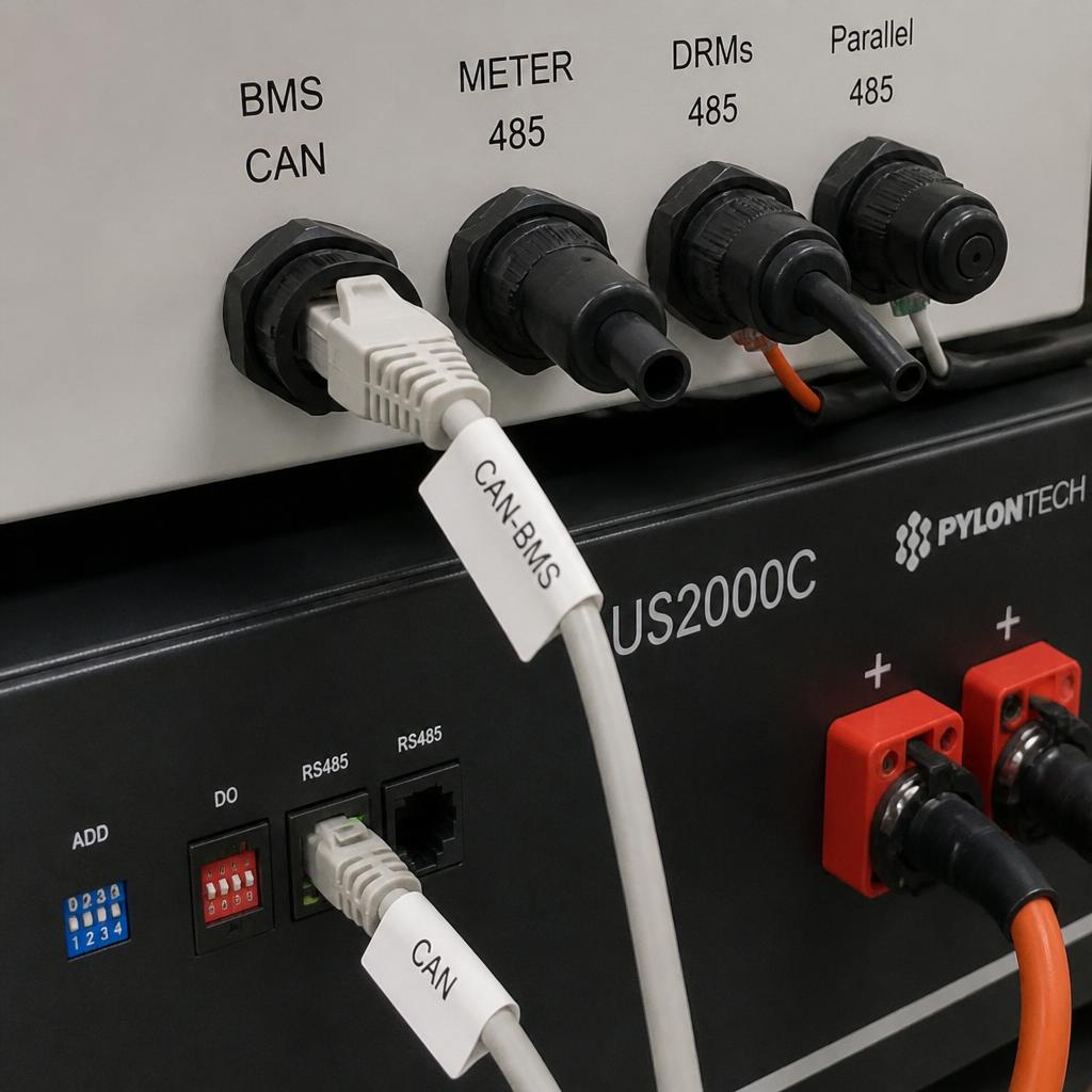 Ảnh thực tế kết nối cáp CAN bus giữa BMS pack pin cao áp và inverter hybrid Deye, góc chụp cận cảnh cổng kết nối và nhãn dây