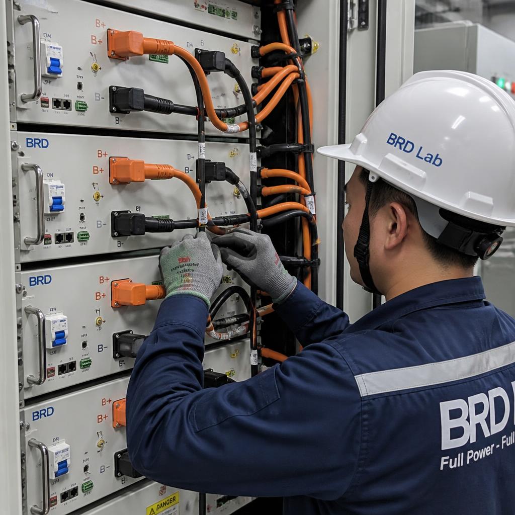 Ảnh thực tế kỹ thuật viên BRD Lab đang lắp đặt và kết nối rack pin LiFePO4 áp cao trong phòng điện nhà máy, góc chụp gần thể hiện các kết nối BMS và cáp bus DC