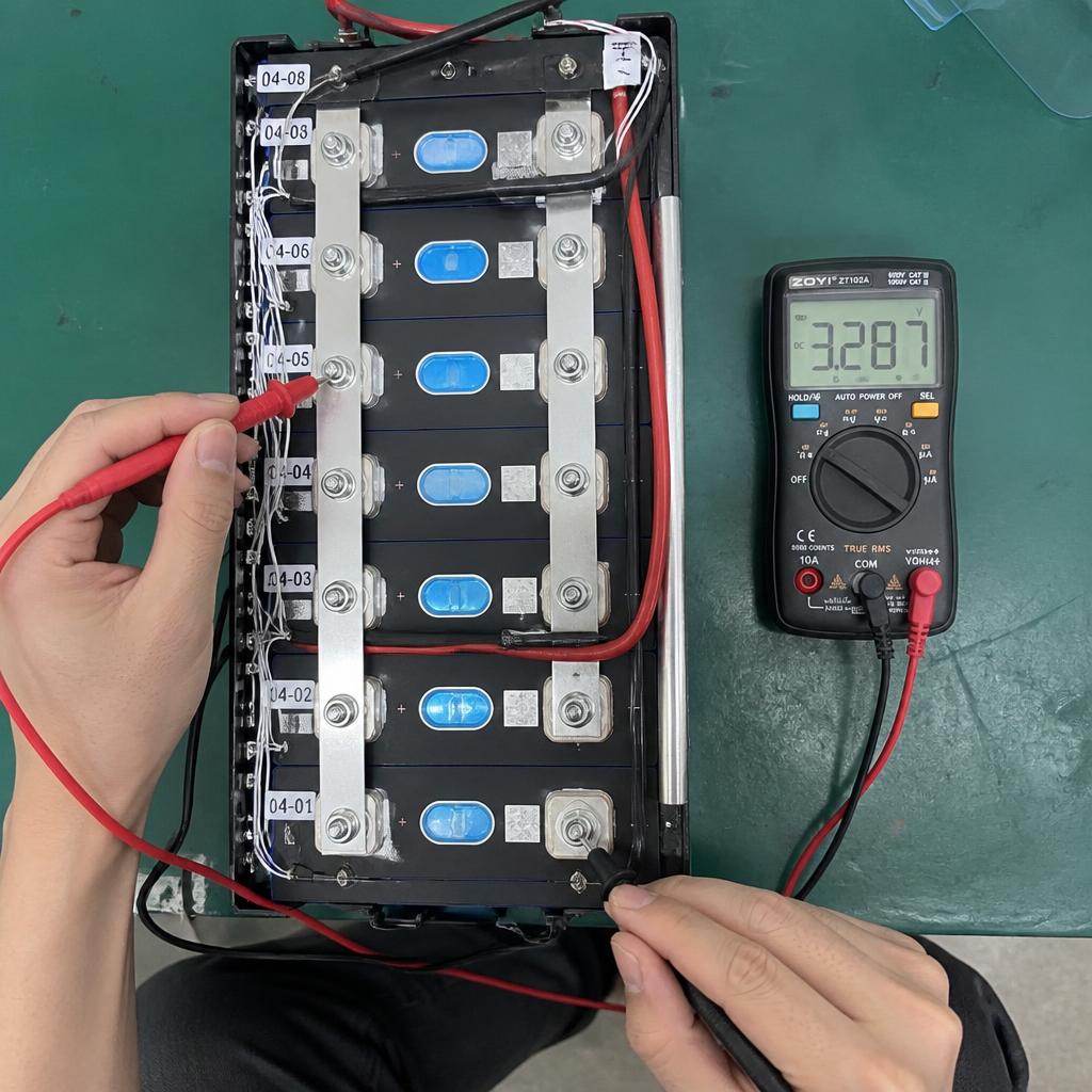 Ảnh thực tế kỹ thuật viên dùng đồng hồ vạn năng đo điện áp từng cell trong pack pin LiFePO4, góc chụp từ trên xuống, thấy rõ đầu đo và màn hình hiển thị giá trị