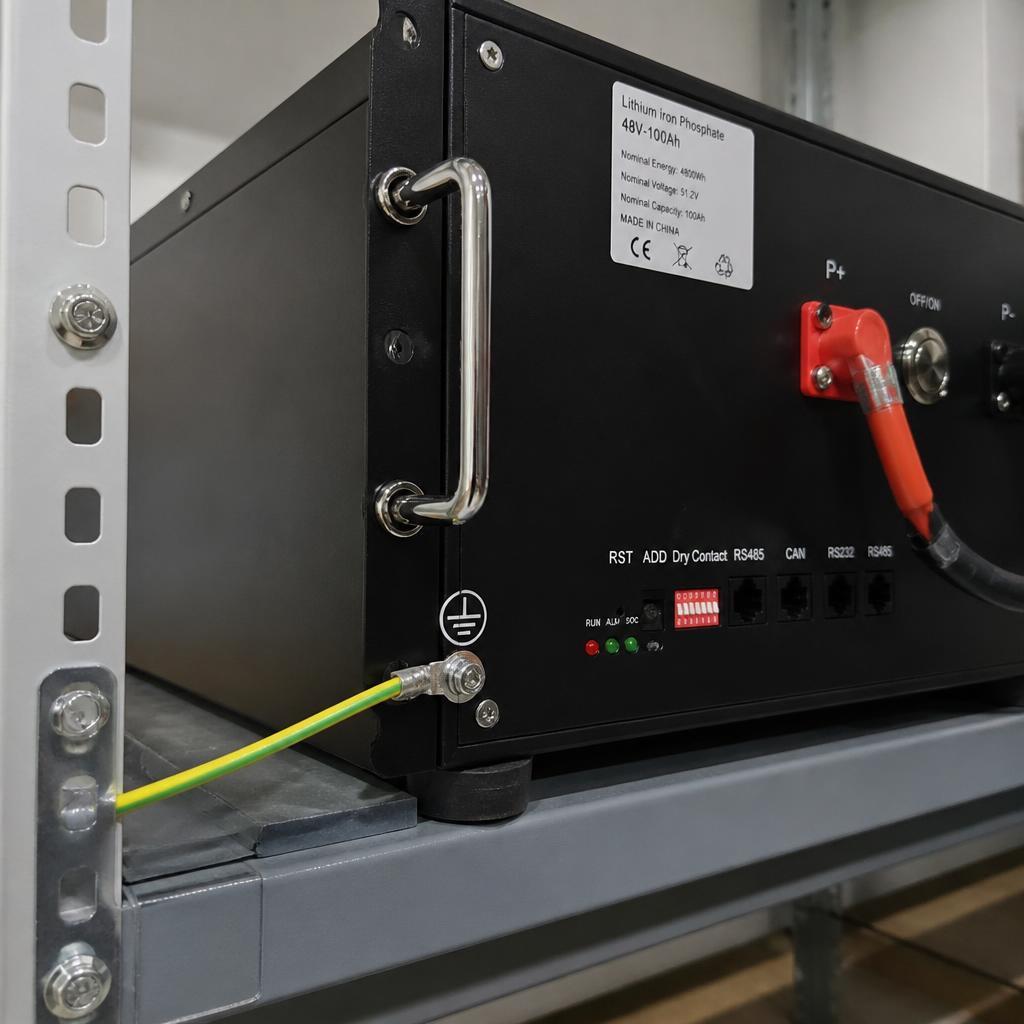 Ảnh thực tế pack pin LiFePO4 48V gắn trên giá đỡ thép sơn tĩnh điện, chụp cận cảnh điểm tiếp địa vỏ máy và đệm cao su chống rung phía dưới pack, ánh sáng phòng kỹ thuật