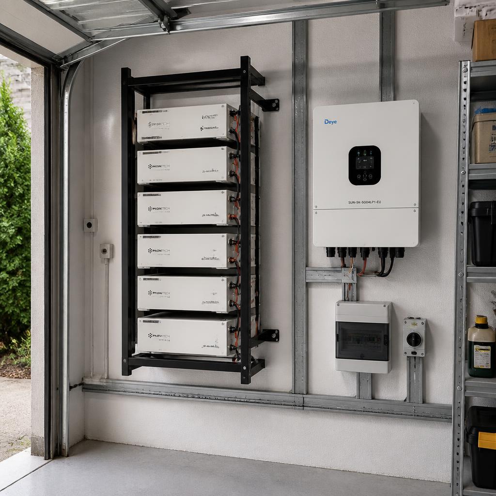 Ảnh thực tế pack pin LiFePO4 lắp trong garage gia đình, khung thép gắn tường, khoảng hở thông gió rõ ràng hai bên, dây DC đi gọn trong máng cáp, inverter hybrid bên cạnh