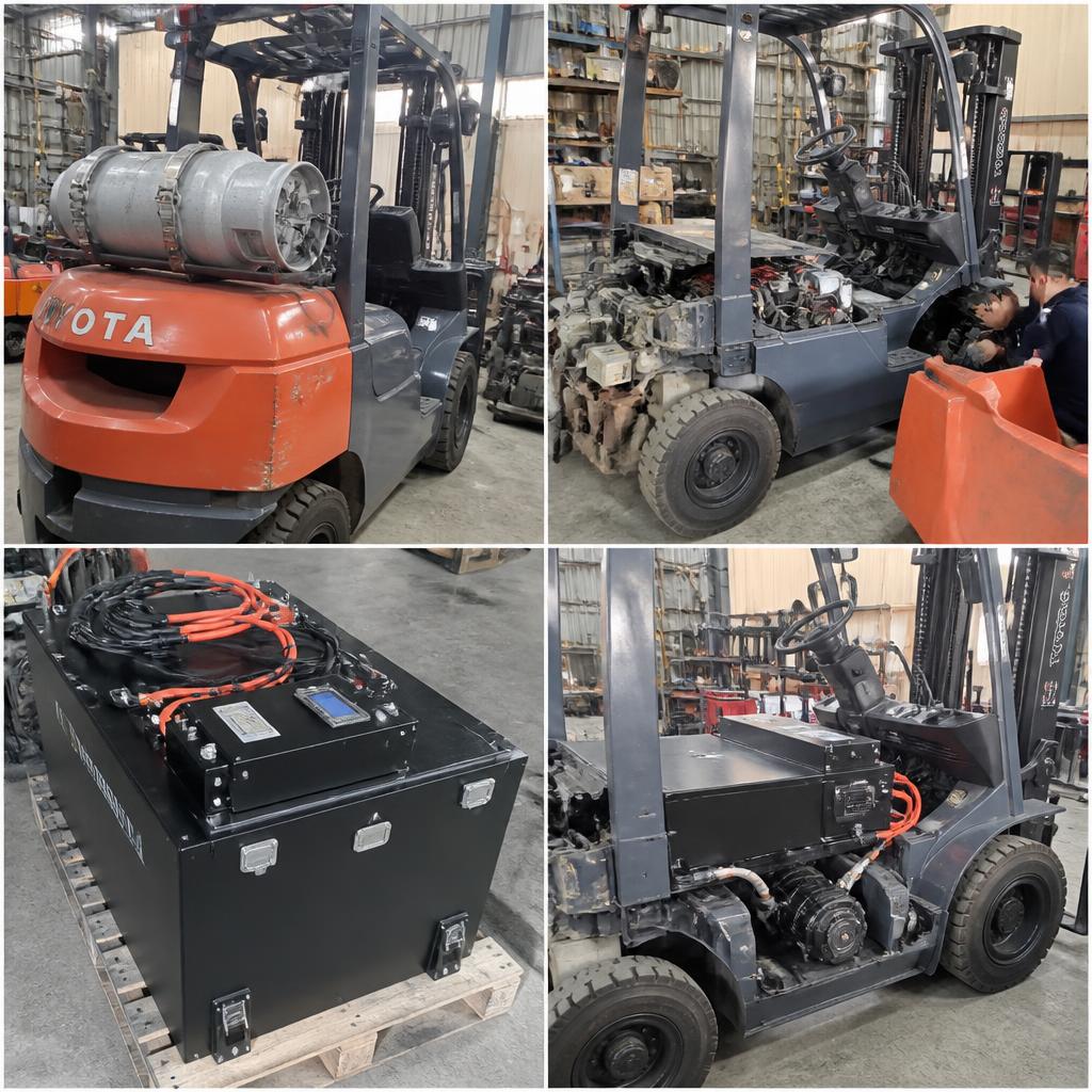 Ảnh thực tế quá trình retrofit xe nâng gas sang điện lithium, tháo bình gas và động cơ cũ, lắp pack pin LiFePO4 và motor điện vào khung xe nâng, góc chụp xưởng kỹ thuật