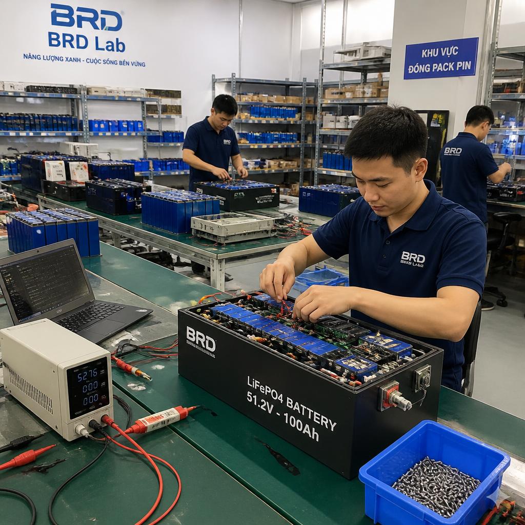 Ảnh thực tế quy trình đóng pack pin tại xưởng BRD Lab, kỹ thuật viên lắp ráp module LiFePO4, kết nối BMS và kiểm tra thông số trước khi xuất xưởng