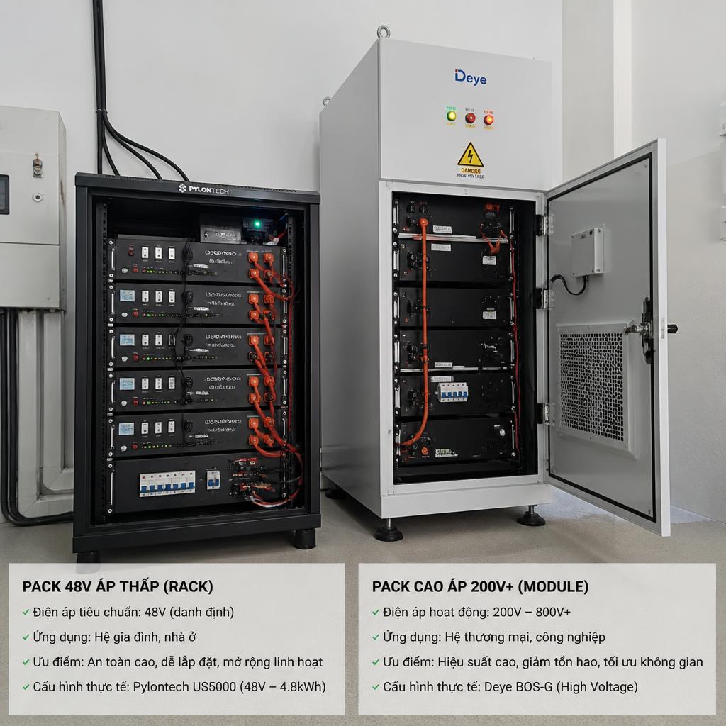 Ảnh thực tế so sánh hai loại pack pin, pack 48V áp thấp dạng rack cho hệ gia đình và pack module cao áp 200V+ cho hệ thương mại, đặt cạnh nhau trong môi trường lắp đặt thực tế