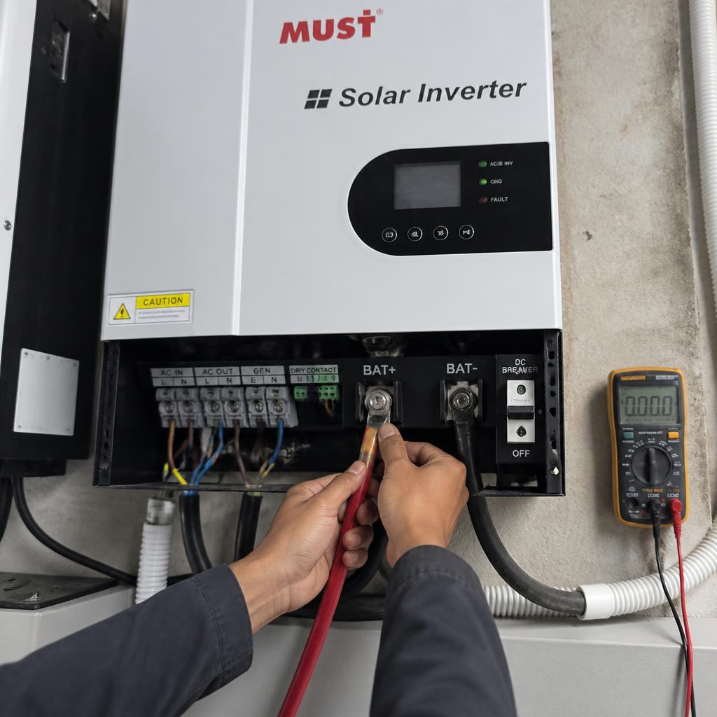 Ảnh thực tế tay thợ đang đấu đầu cos vào terminal BAT+ của biến tần hybrid, CB DC ở trạng thái OFF hiện rõ trong khung hình, đồng hồ vạn năng đặt gần đó