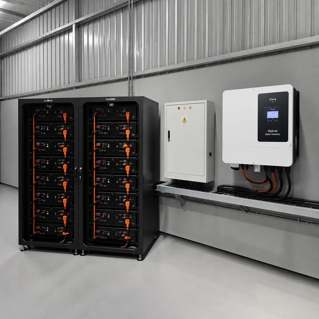 Ảnh thực tế tủ pin lưu trữ cao áp 200V/20kWh lắp đặt trong nhà xưởng, góc rộng thấy toàn bộ rack pin, tủ điện và inverter hybrid