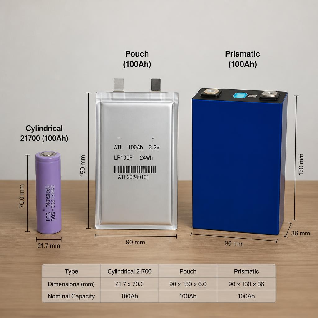 Ba dạng cell cylindrical 21700, pouch và prismatic 100Ah đặt cạnh nhau để so sánh kích thước thực tế
