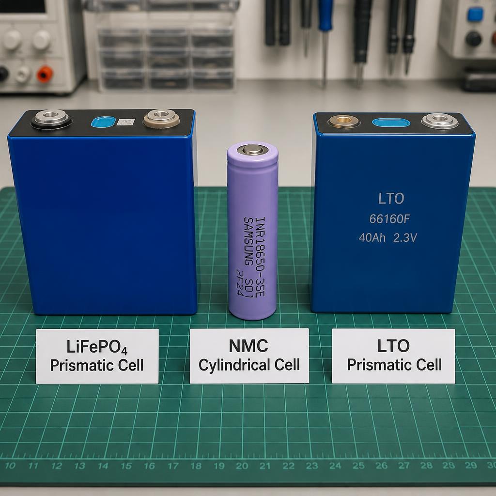 Ba loại cell pin lithium đặt cạnh nhau, cell LiFePO4 dạng prismatic, cell NMC dạng cylindrical và cell LTO dạng prismatic, chụp trên bàn kỹ thuật với nhãn ghi rõ tên từng loại