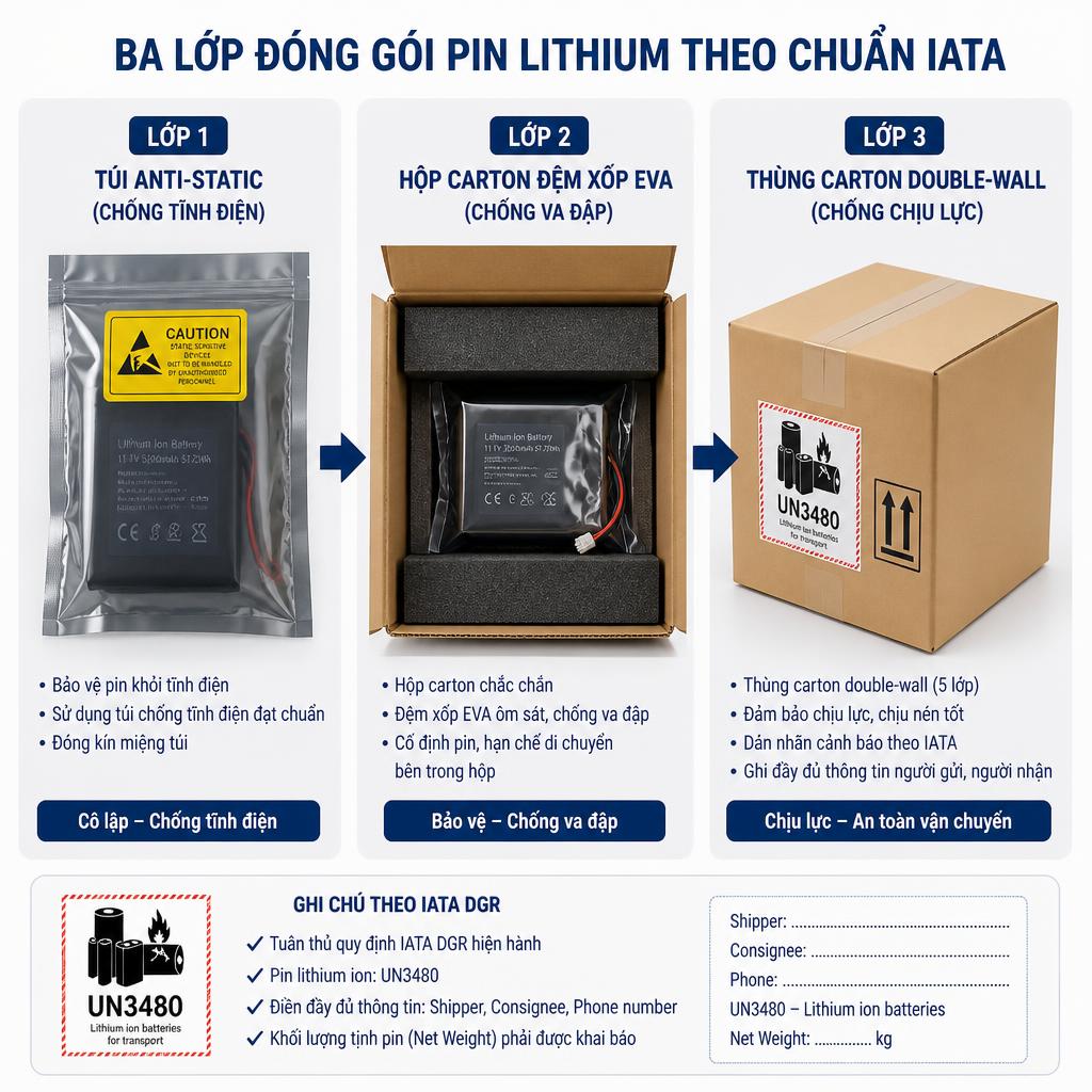 Ba lớp đóng gói pin lithium theo chuẩn IATA: túi anti-static, hộp carton đệm xốp EVA và thùng double-wall