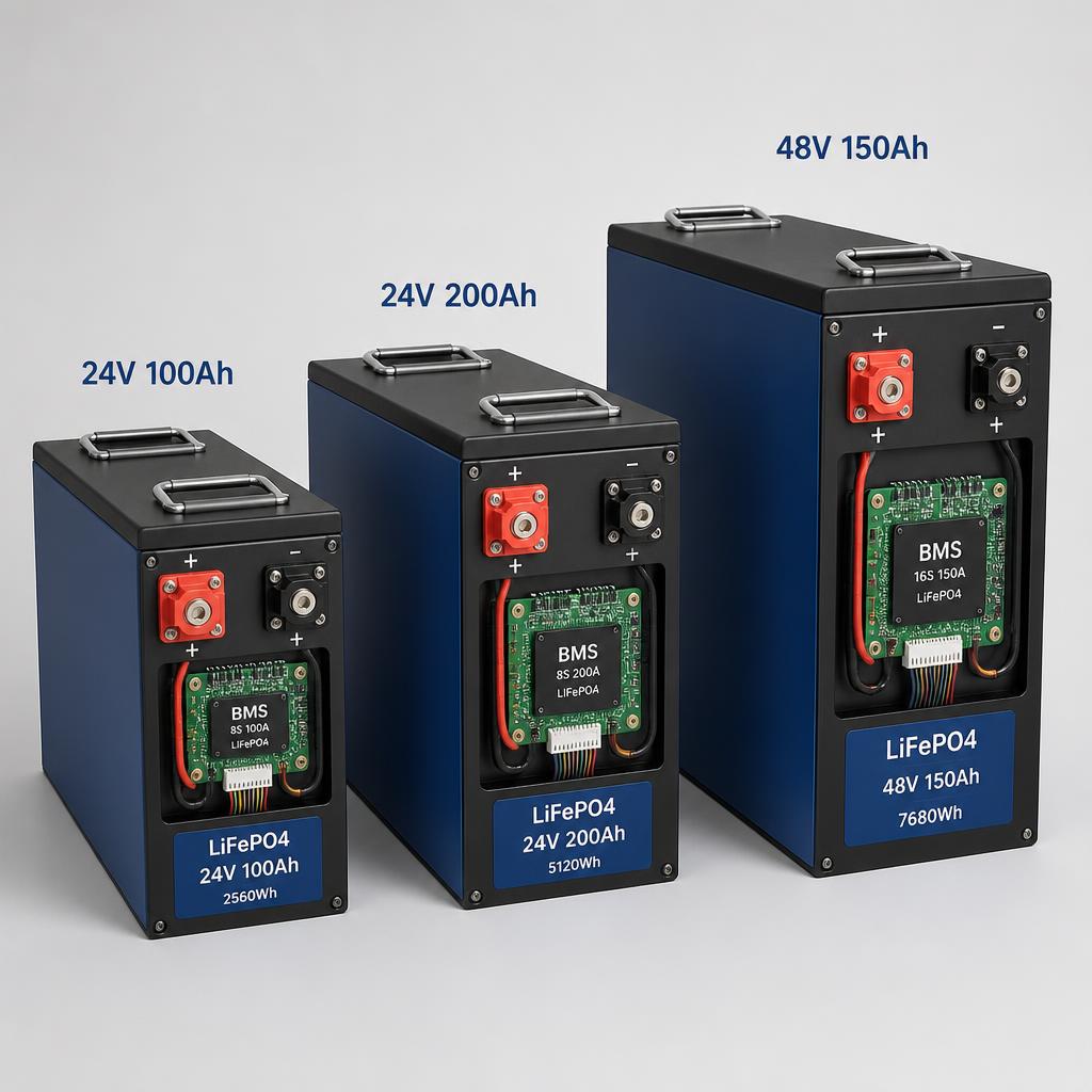 Ba pack pin LiFePO4 đặt cạnh nhau theo thứ tự tăng dần kích thước, 48V 100Ah, 72V 200Ah, 96V 300Ah, góc chụp ngang, thấy rõ sự khác biệt kích thước vỏ và số lượng cell
