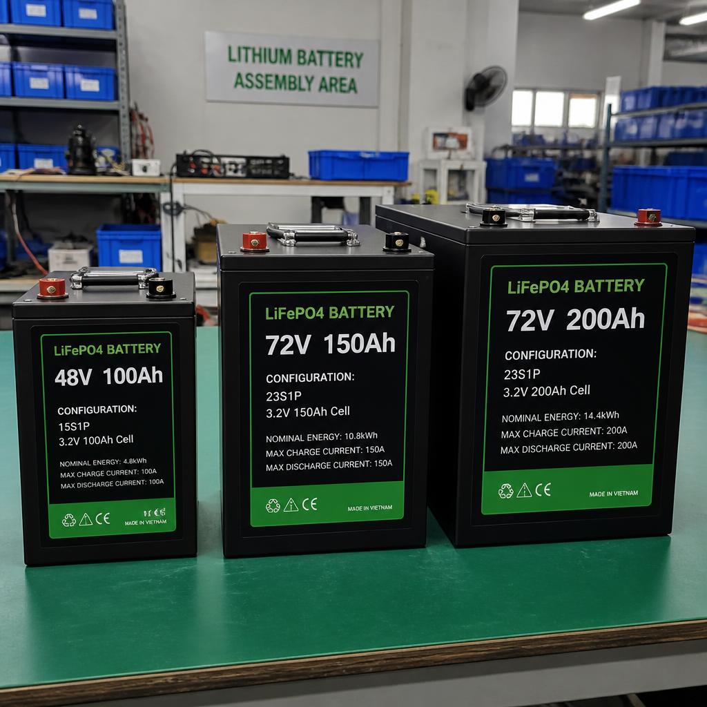 Ba pack pin LiFePO4 đặt cạnh nhau theo thứ tự tăng dần kích thước, 48V 100Ah, 72V 150Ah, 72V 200Ah, có nhãn ghi rõ cấu hình, chụp trong xưởng lắp ráp