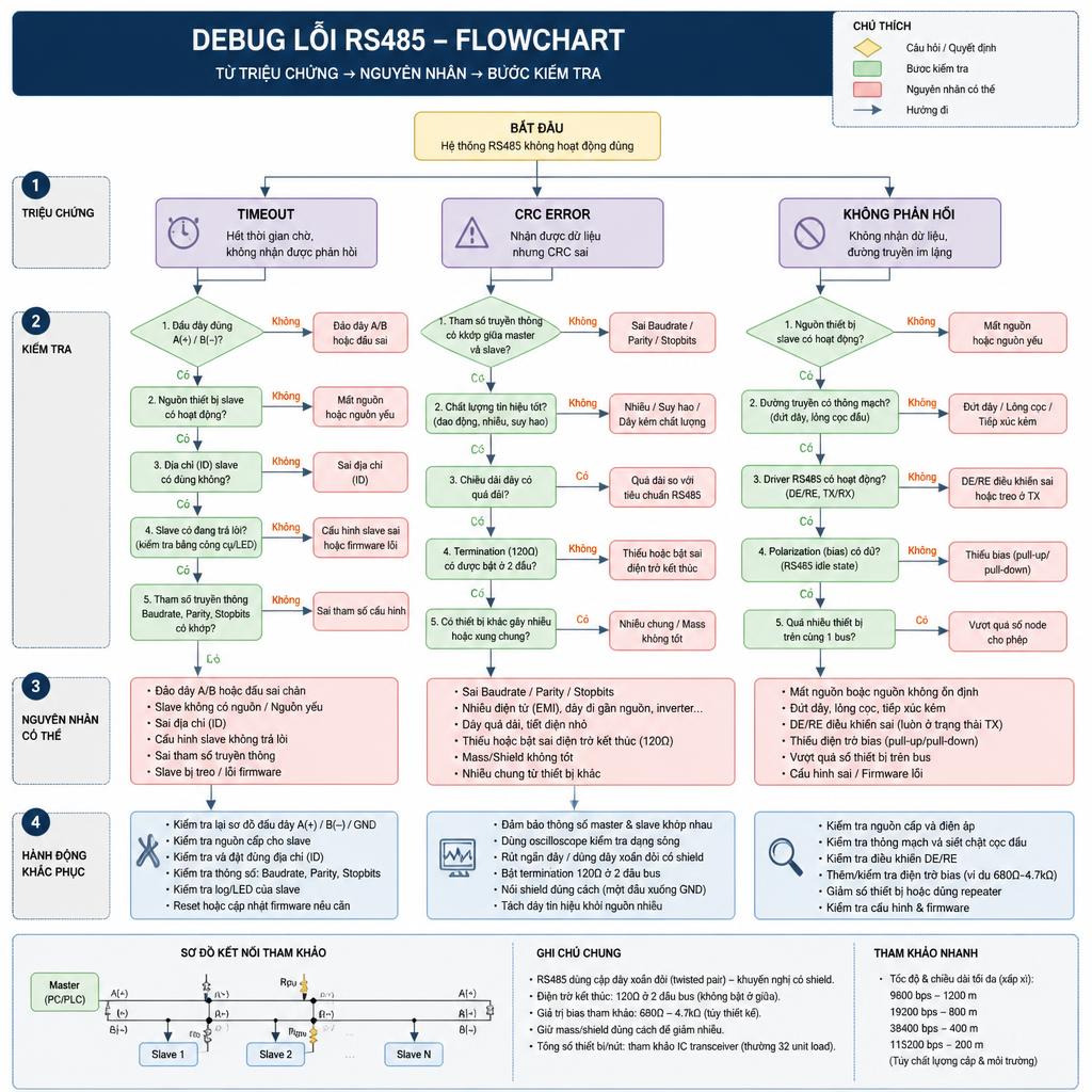 Bảng debug lỗi RS485 dạng flowchart: từ triệu chứng (timeout/CRC error/không phản hồi) đến nguyên nhân và bước kiểm tra, thiết kế dạng sơ đồ kỹ thuật