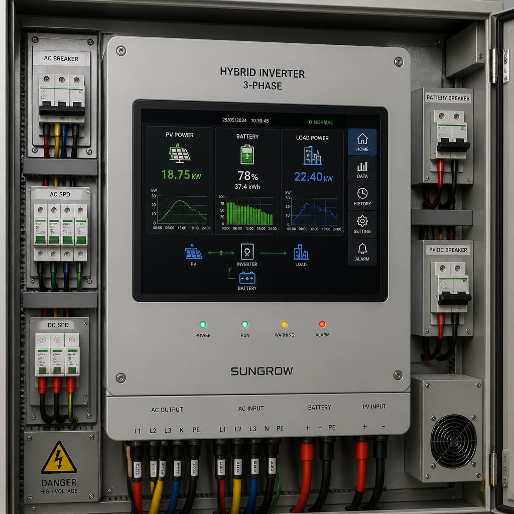 Bảng điều khiển hybrid inverter 3 pha lắp đặt trong tủ điện nhà xưởng, màn hình hiển thị công suất tấm pin, dung lượng pin và tải tiêu thụ theo thời gian thực
