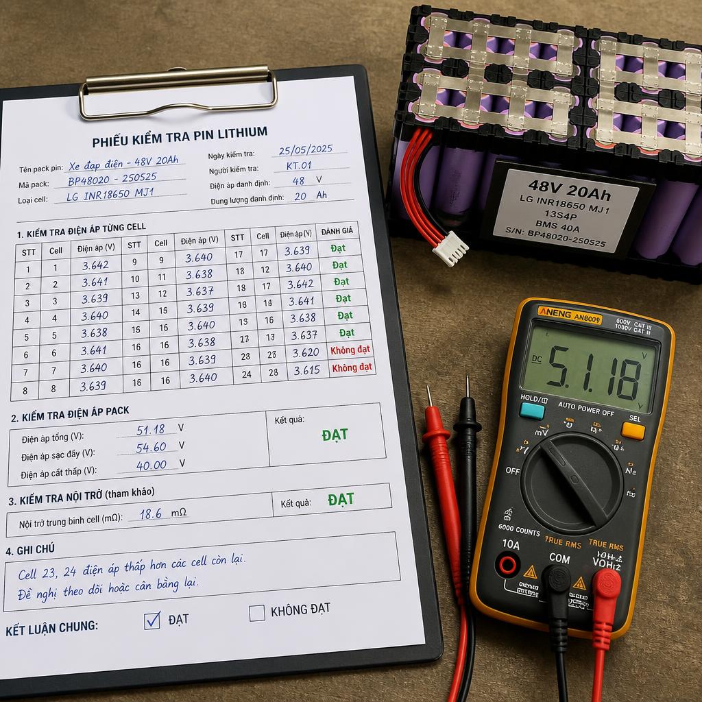 Bảng ghi chép kết quả kiểm tra pin lithium trên giấy hoặc clipboard, thấy rõ cột điện áp từng cell được điền số, các ô được đánh dấu Đạt/Không đạt, đặt cạnh pack pin và multimeter
