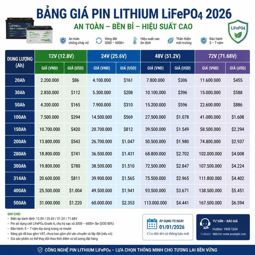 Bảng giá pin lithium LiFePO4 theo Ah và điện áp 2026, hiển thị các mức 12V/24V/48V/72V