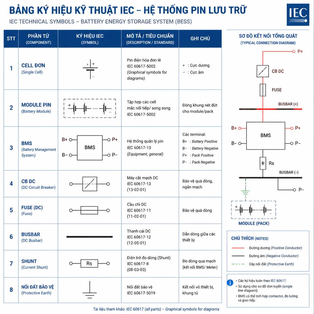 Bảng ký hiệu kỹ thuật IEC cho sơ đồ pin lưu trữ, gồm cell đơn, module, BMS với terminal B+/B−/P+/P−, CB DC, fuse, busbar và shunt, trình bày dạng infographic kỹ thuật
