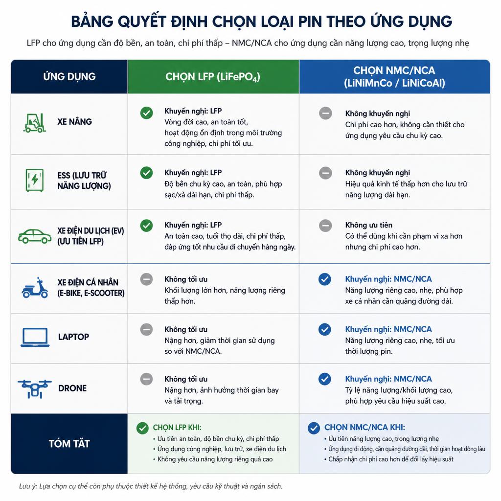 Bảng quyết định chọn loại pin theo ứng dụng: xe nâng, ESS, xe điện du lịch dùng LFP; xe điện cá nhân, laptop, drone dùng NMC/NCA