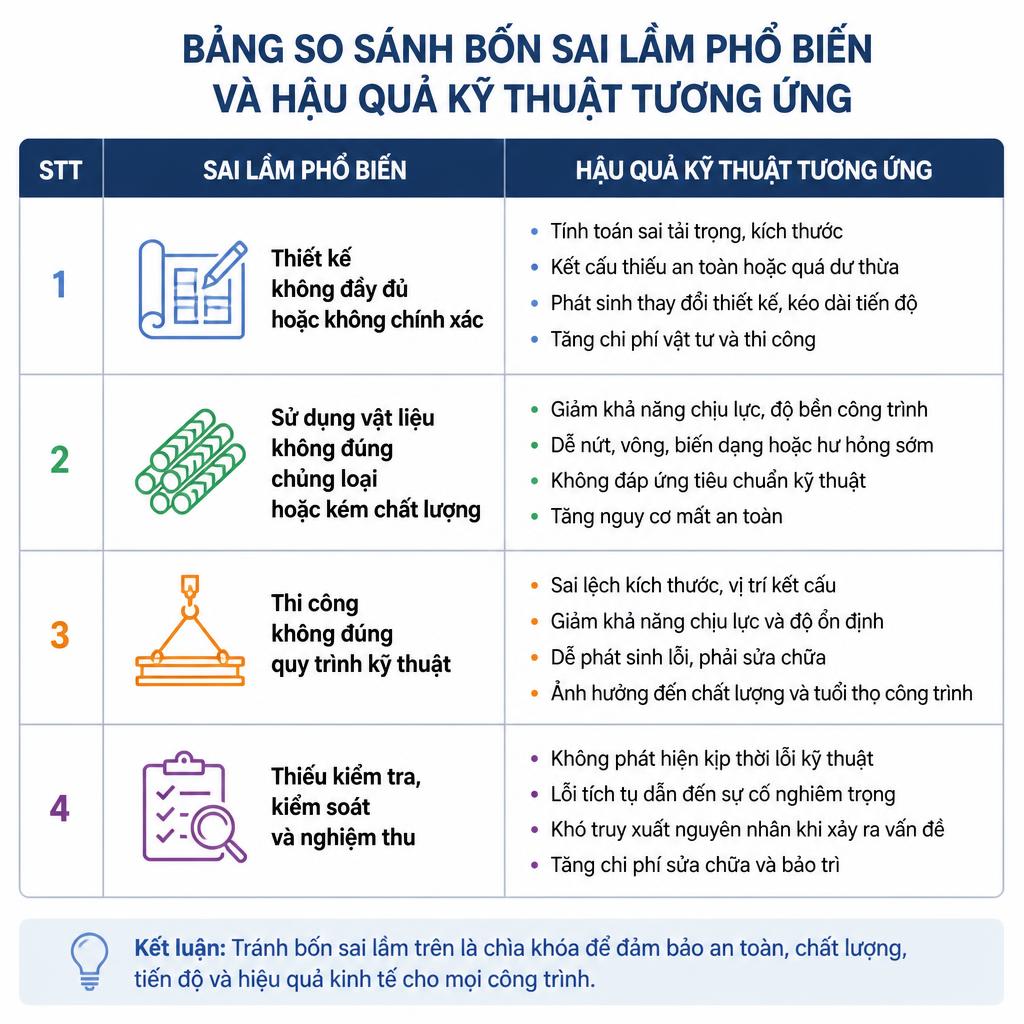 Bảng so sánh bốn sai lầm phổ biến và hậu quả kỹ thuật tương ứng