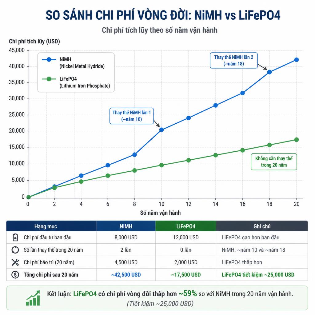 Bảng so sánh chi phí vòng đời NiMH vs LiFePO4 trên biểu đồ đường theo số năm vận hành