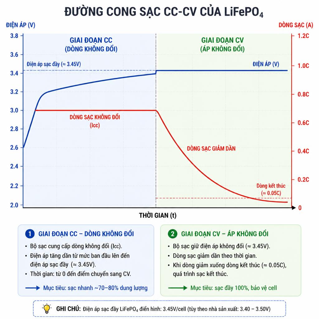 Bảng so sánh đường cong sạc CC-CV của LiFePO4, trục X là thời gian, trục Y trái là điện áp (V), trục Y phải là dòng sạc (A), thể hiện rõ hai giai đoạn CC và CV với màu sắc phân biệt