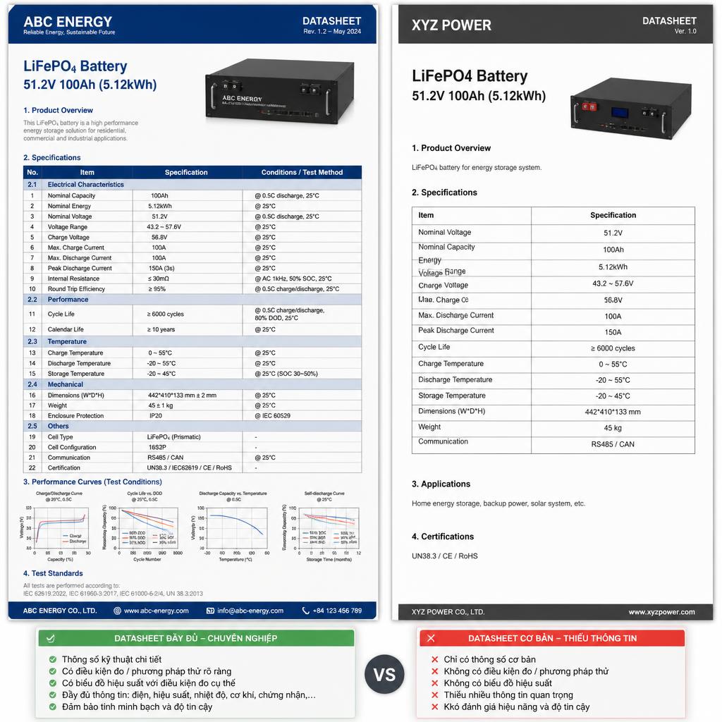 Bảng so sánh hai tờ datasheet pin lưu trữ, một tờ đầy đủ thông số kỹ thuật với điều kiện đo rõ ràng, một tờ chỉ có thông số cơ bản thiếu điều kiện đo, chụp song song để so sánh trực quan