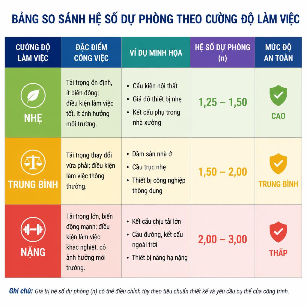 Bảng so sánh hệ số dự phòng theo cường độ làm việc, trình bày dạng bảng màu với ba hàng tương ứng ba mức cường độ nhẹ/trung bình/nặng