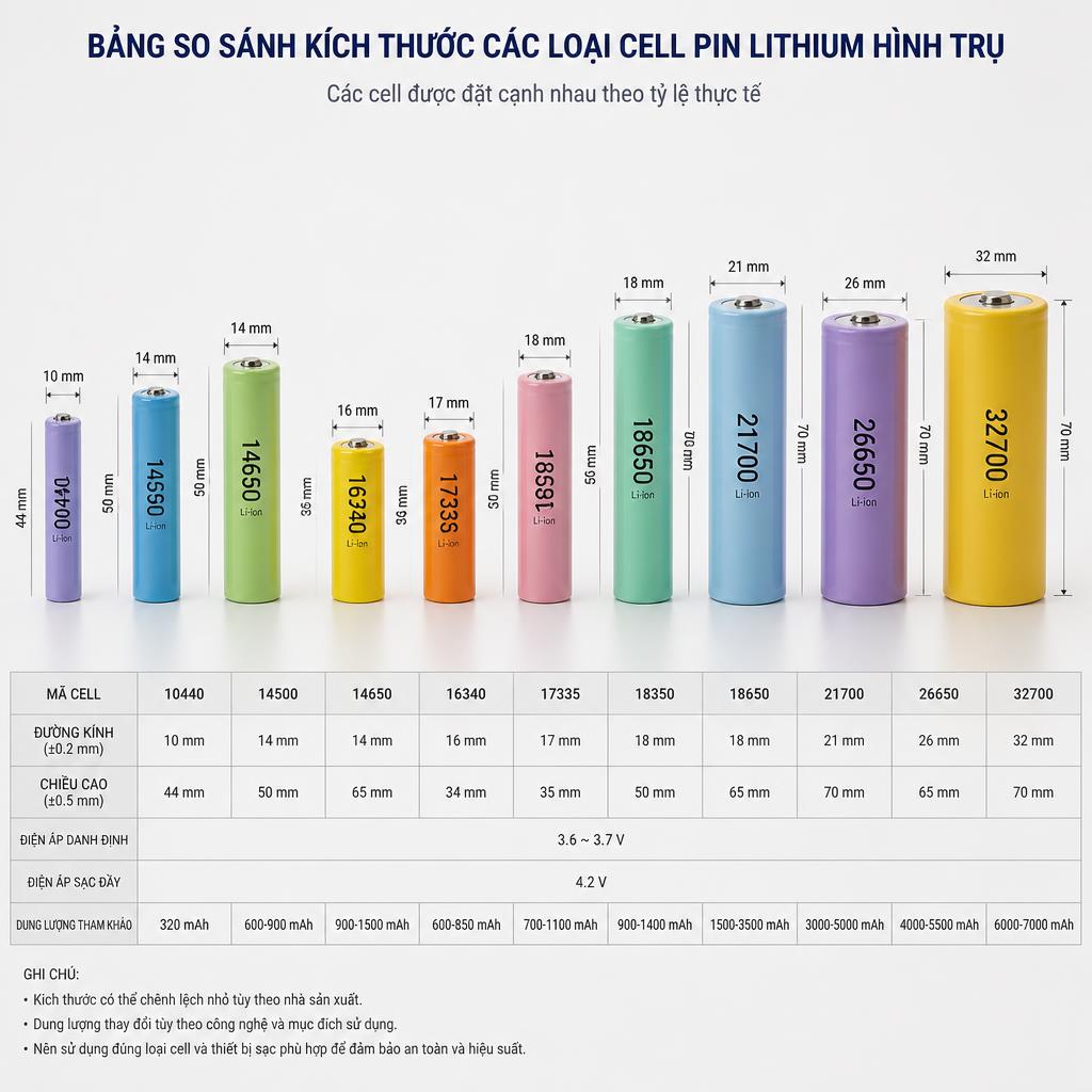 Bảng so sánh kích thước các loại cell pin lithium hình trụ từ 10440 đến 32700, đặt cạnh nhau theo tỷ lệ thực
