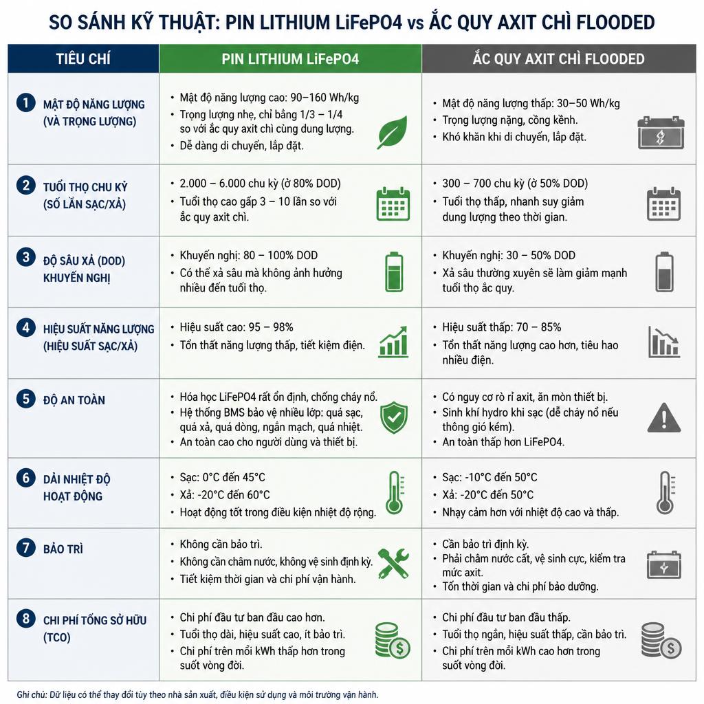 Bảng so sánh kỹ thuật chi tiết 8 tiêu chí giữa pin lithium LiFePO4 và ắc quy axit chì flooded