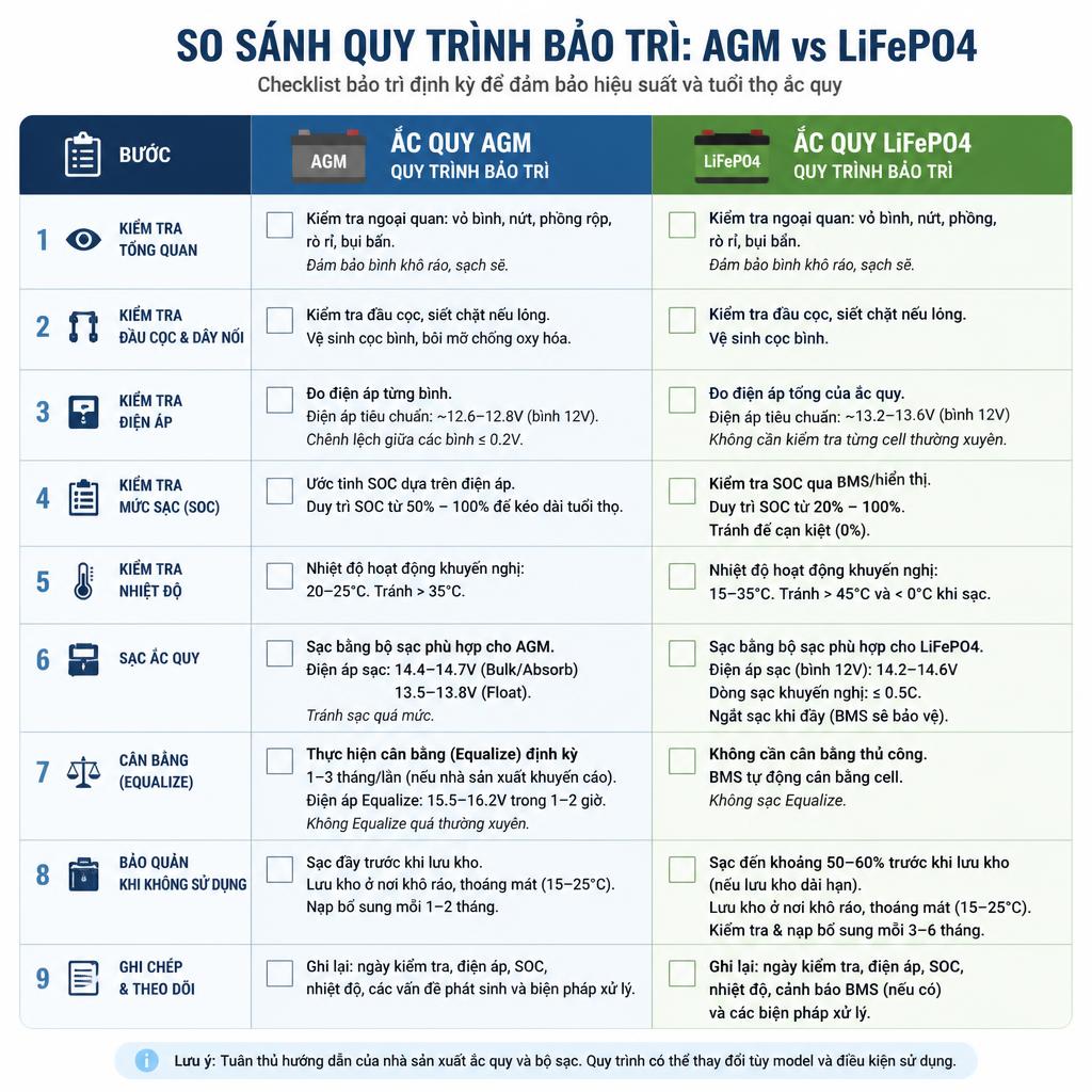 Bảng so sánh quy trình bảo trì AGM vs LiFePO4 dạng checklist song song