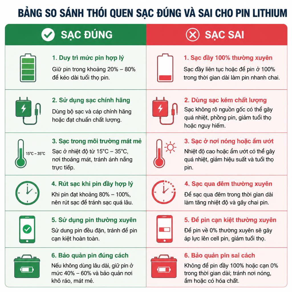Bảng so sánh thói quen sạc đúng và sai cho pin lithium, trình bày dạng hai cột rõ ràng