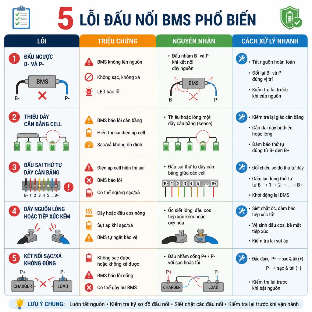 Bảng so sánh trực quan 5 lỗi đấu nối BMS phổ biến, cột triệu chứng, cột nguyên nhân, cột cách xử lý nhanh, thiết kế dạng infographic đơn giản