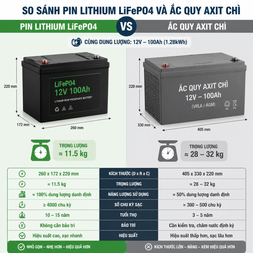 Bảng so sánh trực quan pin lithium LiFePO4 và ắc quy axit chì đặt cạnh nhau, thể hiện sự chênh lệch kích thước và trọng lượng
